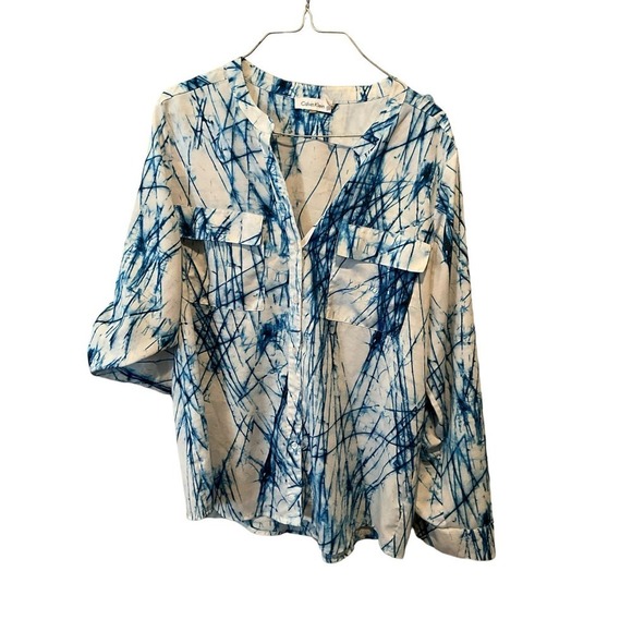 Calvin Klein Button Down Shirt Women's SZ L Blue/White Band Collar Split Neck - Picture 1 of 5